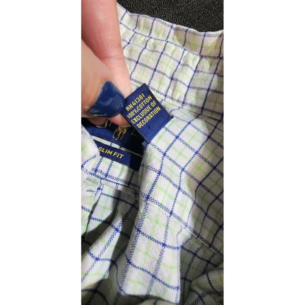 Polo Ralph Lauren Shirt Men Large Blue Grn Casual Button Down Gingham Check Slim
